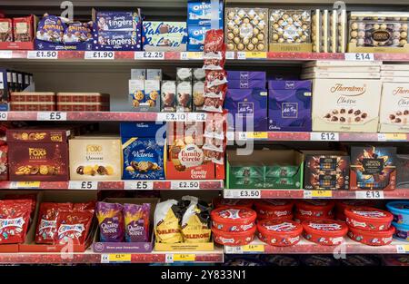Christmas stock of sweets and biscuits on shop shelves Stock Photo