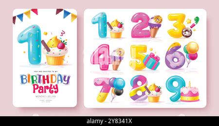 Birthday party numbers vector set design. Birthday greeting with colorful numbers, cup cake, cake, balloons and gift box decoration elements. Vector Stock Vector