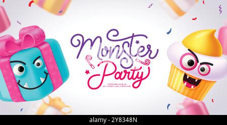 Monster party greeting text vector template design. Birthday party with gift box and ice cream characters elements for kids costume celebration. Stock Vector