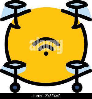 A simple. colorful icon depicting a drone with a wifi symbol in the center. Perfect for representing modern technology. connectivity. and aerial surve Stock Vector