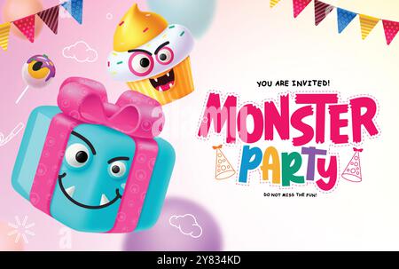 Monster party invitation vector design. Birthday party greeting text with gift box and cup cake characters in pennants background. Vector illustration Stock Vector