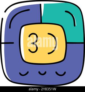 A playful. colorful icon depicting a square with rounded corners. The icon features a bold number 3 inside a yellow circle. surrounded by blue and gre Stock Vector