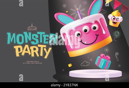 Monster party podium vector design. Birthday halloween invitation card with podium stage decoration elements for kids party celebration background. Stock Vector