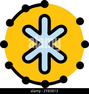 A simple. stylized icon depicting a blue starburst within a yellow circle. outlined in black with black dots around the perimeter. Perfect for represe Stock Vector