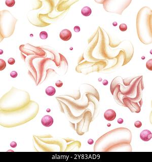 Marshmallow and meringue pink, white, cream, vanilla. Seamless pattern on a white background painted with watercolor. For design, textiles, menu, fabr Stock Photo