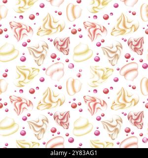 Marshmallow and meringue pink, white, cream, vanilla. Seamless pattern on a white background painted with watercolor. For design, textiles, menu, fabr Stock Photo
