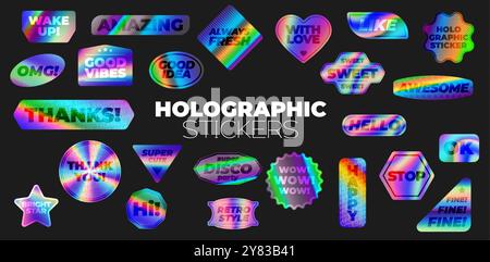 Hologram gradient stickers, y2k iridescent labels. Geometric shape vector badges and tags of neon color iridescent foil. Heart, star, circle and sun, oval and triangle shaped y2k hologram stickers set Stock Vector