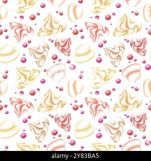 Marshmallow and meringue pink, white, cream, vanilla. Seamless pattern on a white background painted with watercolor. For design, textiles, menu, fabr Stock Photo