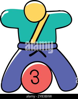 Cute cartoon illustration of a karate player in a blue gi holding a red ball with a number 3 on it. Perfect for websites. social media. and childrens Stock Vector