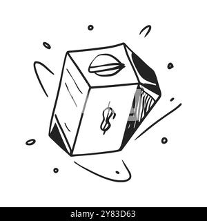 A hand drawn illustration of a money box with a dollar sign on the front and a slot on the top. The box is shown in a dynamic. almost floating positio Stock Vector