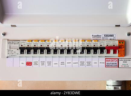 Electric fuse box with multiple circuit breakers and safety switches in a residential setting, ensuring circuit protection and control Stock Photo