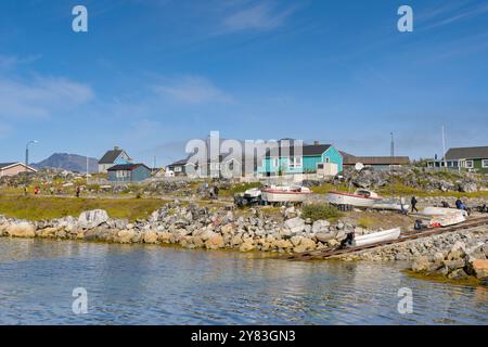 Nanortalik, Greenland - 27 August 2024: Boats and houses near a slipway in the small town of Nanortalik in southern Greenland Stock Photo