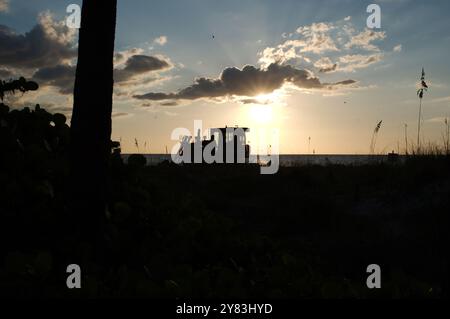 Silhouette at St. Pete Beach, FL towards Gulf of Mexico as heavy machines work on beach nourishment . View over sand and sea oats. Near sunset late Stock Photo