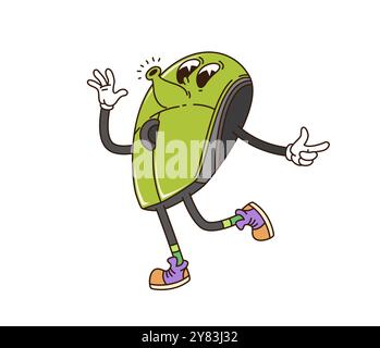 Groovy computer mouse, retro cartoon character with funny face, vector funky comic. Groovy freaky PC computer or laptop mouse with happy funny smile and whistling melody on positive vibes for emoji Stock Vector