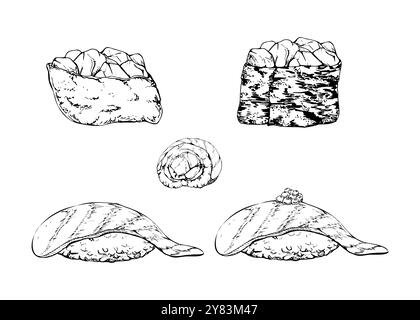 Traditional Japanese food, nigiri inari gunkan sushi with raw fish tuna salmon seabass, alaska roll hand drawn in vector pen and ink. Set of elements Stock Vector