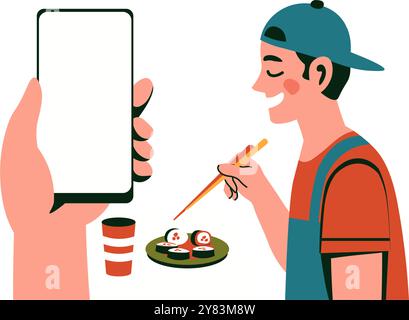 Eating sushi with chopsticks illustration Stock Vector