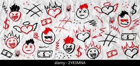 Red and black wax crayon drawing grafitti elements. Marker drawing retro rock elements. Vector charcoal outline symbols cute heart, mohawk hairstyle Stock Vector