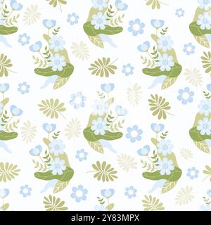 Floral seamless pattern. Gently blue flowers with branches and leaves on white background. Vector illustration. Stock Vector