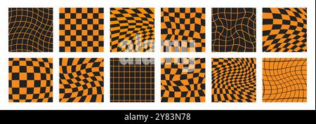 Halloween checkered patterns. Psychedelic Checkerboard. Groovy orange backgrounds. Hippie backdrop. Y2k aesthetic. Retro vector illustration. Set of Stock Vector