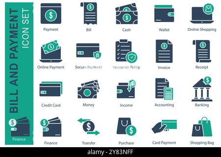 Payment solid icon set. icon related to bill and payment. payment, bill, bash, wallet, and more. business element vector illustration Stock Vector