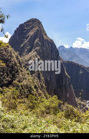 View from the top of Huchuy Picchu  of the peak of the Inca city of Machu Picchu, Peru Stock Photo