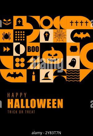 Neo geometric Halloween poster. Modern abstract background. Vertical flyer, greeting card, header for website. Pattern with orange simple symbols Stock Vector