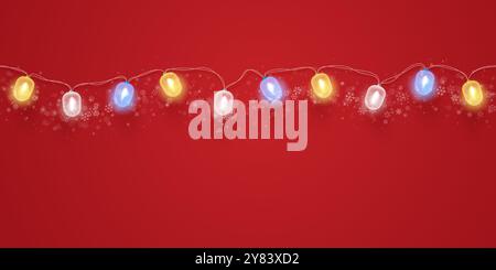 Bright multicolored light garlands realistic Christmas decorations isolated on red background. Light bulbs on ribbon among snowflakes. Vector 3D illus Stock Vector