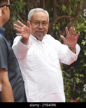 Patna, India. 02nd Oct, 2024. PATNA, INDIA - OCTOBER 2: Bihar Chief Minister Nitish Kumar during Gandhi Jayanti function at Gandhi Maidan on October 2, 2024 in Patna, India. (Photo by Santosh Kumar/Hindustan Times/Sipa USA ) Credit: Sipa USA/Alamy Live News Stock Photo