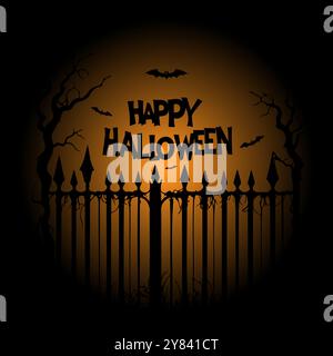 Happy Halloween poster on orange gradient background, with cemetery with an old scary fence and silhouette of bats. Vector illustration Stock Vector