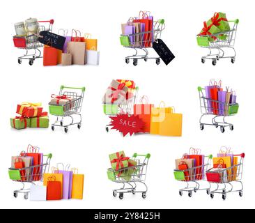 Set of shopping carts with gift boxes and bags on white background ...