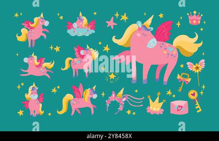 Unicorn vector set. Fantasy animal collection with gold horn and mane. Fairytale horse character sitting, running, sleeping. Cartoon magic creature ic Stock Vector