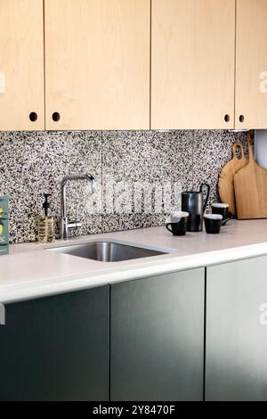 Interior of a renovated kitchen inside Balfron Tower brutalist tower originally designed Ernő Goldfinger, London, England Stock Photo