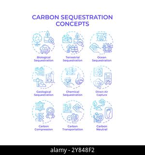 Carbon sequestration blue gradient concept icons Stock Vector