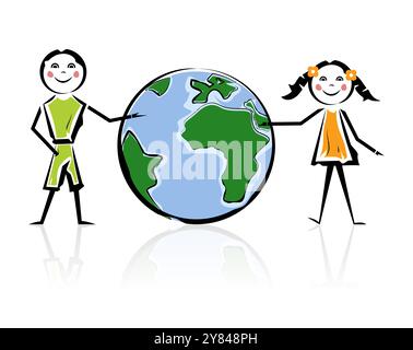 Two happy children holding a globe illustration. The concept of peace on earth. Stock Vector