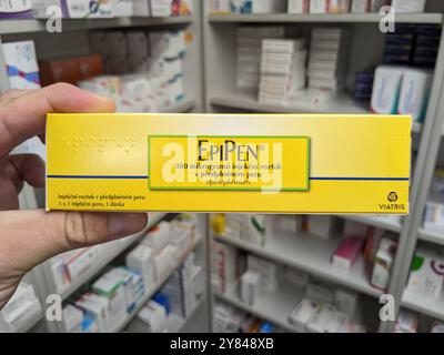 EPIPEN box of medication with epinephrine active substance by Mylan, used for treatment of anaphylaxis, severe allergic reactions, anaphylactic shock Stock Photo