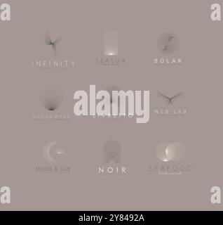 Geometric abstract labels with text and thin lines drawing on brown background Stock Vector