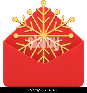 Christmas letter red envelope with snowflake luxury gift 3d icon realistic vector illustration. Xmas New Year festive surprise metal premium ornamenta Stock Vector