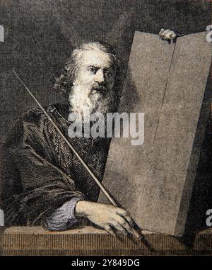 Illustration of Moses with the Tablets of Law (Ten Commandments) from 1776 Edition of The National Illustrated Family Bible The Holy Bible With Commen Stock Photo