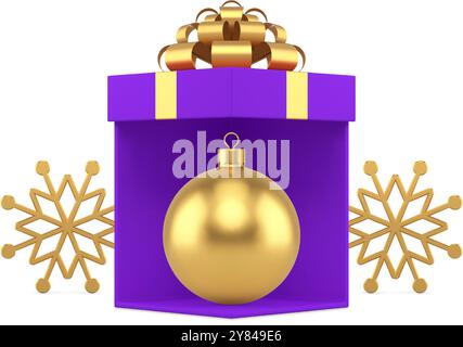 Luxury Christmas ball toy inside purple gift box greeting surprise 3d icon realistic vector illustration. Premium Xmas New Year golden bauble in viole Stock Vector