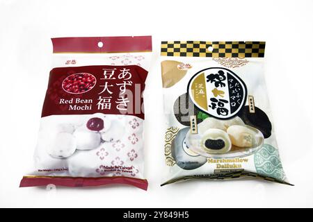 Royal Family Red Bean Mochi and Marshmallow Daifuku Japanese Rice Cakes made with Mochigome, Red Bean Paste and Sesame Stock Photo