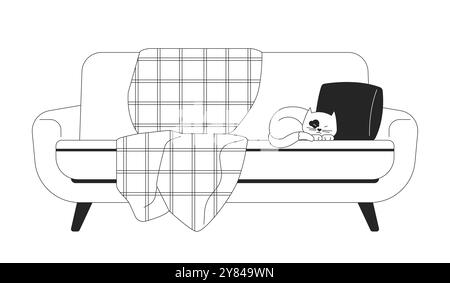 Blanket covered couch cozy with sleeping cat near pillow black and white 2D line object Stock Vector