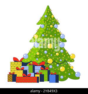 Sparkling Christmas tree with giftboxes stack 2D cartoon object Stock Vector
