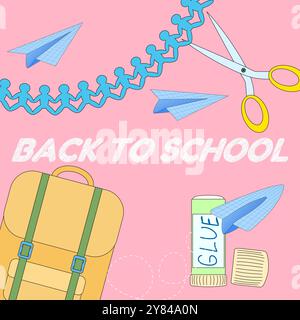 Colorful back-to-school illustration with scissors, glue, a backpack, and paper crafts. Perfect for school-related designs and decor. Stock Vector