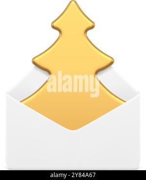 Christmas tree invitation message festive spruce mail envelope 3d icon realistic vector illustration. Xmas New Year luxury letter correspondence with Stock Vector