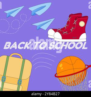 Colorful vector illustration of back-to-school essentials including sneakers, a basketball, backpack, and paper planes for creative educational design Stock Vector