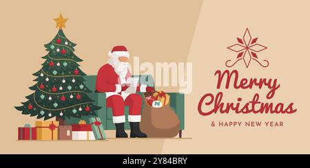 Happy Santa Claus sitting on the couch at home and putting Christmas gifts in his sack Stock Vector