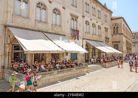 Dubrovnik Croatia,Old Town,Ulica Pred Dvorom street,Gradska kavana Arsenal restaurant,al fresco porch dining,Palaca Grada Dubrovnika City Hall,Croatia Stock Photo