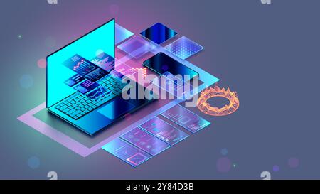 Web design, website create isometric concept. Software development, web design banner. Laptop, phone with website layout. Site development technology Stock Vector