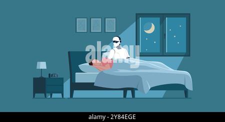 Humanoid AI robot sleeping in bed next to a woman, technology and relationships concept Stock Vector