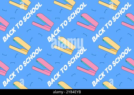 Vibrant back-to-school pattern featuring pink and yellow staplers on a blue background. Ideal for educational and school designs. Stock Vector